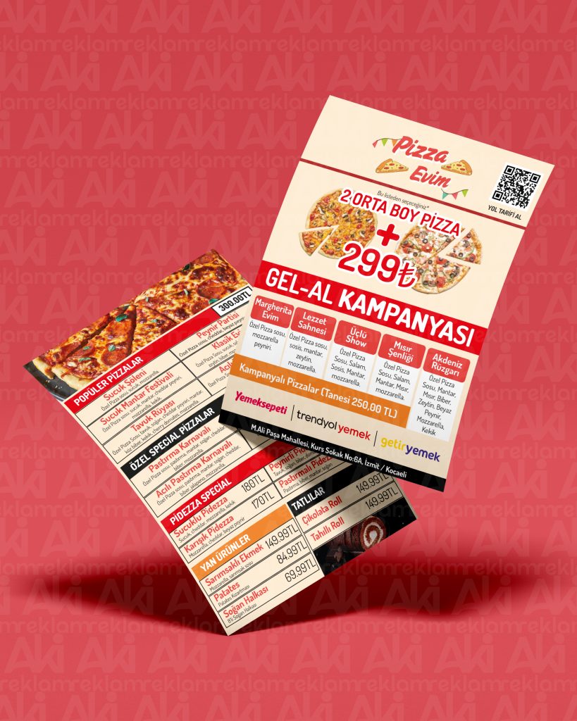 pizza evim a5 broşür çift yön baskı mockup paylaşım Çalışma yüzeyi 1